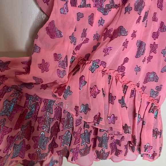 LoveShackFancy Caden whimsical Metallic Star Silk Puff Sleeve Mini Dress 0 - Picture 9 of 10